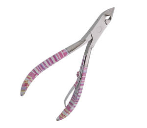 Kosmetiska Instrument - Nagelbandstång, stål, rosa ränder på handtag, 10 cm